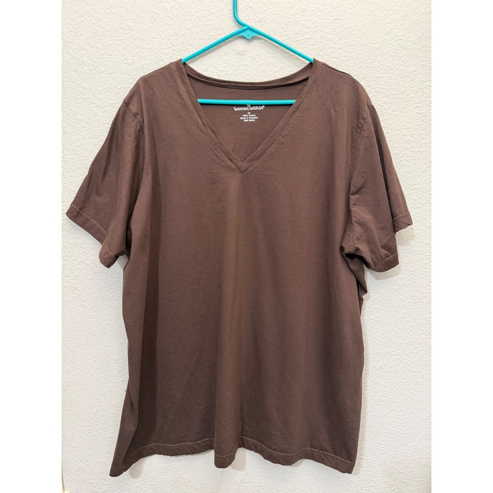 Woman Within 100% Cotton Tee 2X Minimalist Brown V-Neck Short Sleeve Staple